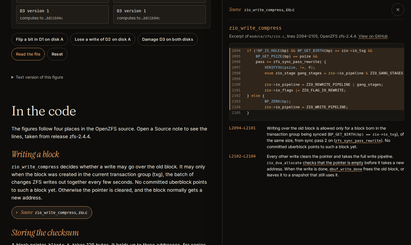 The copy-on-write room in English: on the left, the text "In the code" and the Source button for zio_write_compress; on the right, the open side panel with the zio.c excerpt, lines 2094 to 2105, and two notes explaining it.