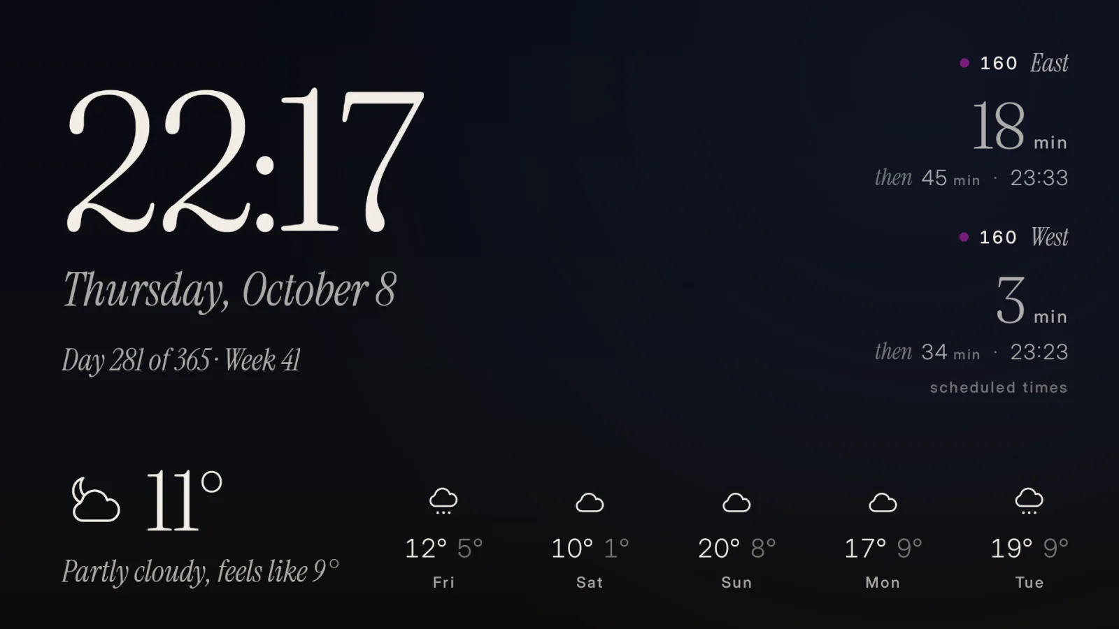 Almanak on the TV, dark theme: the time in large type, the date, the day of the year, the next buses and a five-day forecast