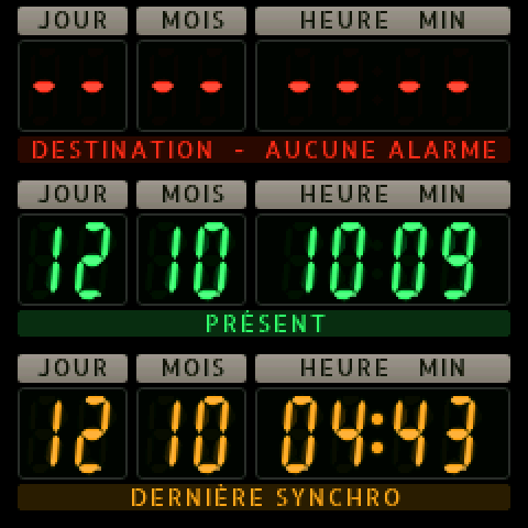 7-segment display face: destination in red, present in green, last sync in orange