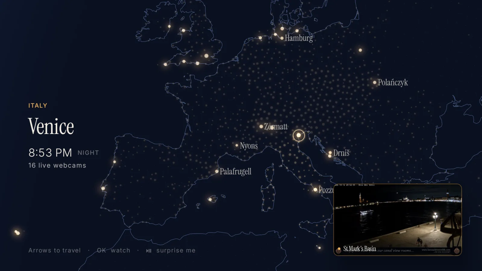 The Lukarne globe centred on Europe at night, Venice selected, a webcam of St Mark’s Basin inset
