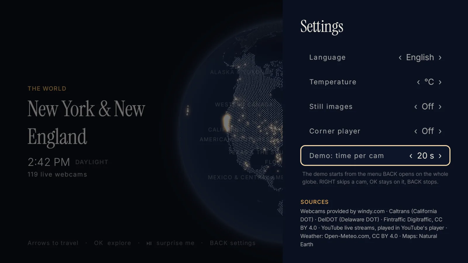 The Lukarne settings panel over the globe: language, temperature, still images, corner player, demo time per camera, source credits