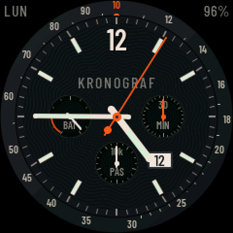 The aviation chronograph dial, captured from the real watch over the serial port: graduated bezel, three sub-dials for battery, minutes and steps, orange second hand