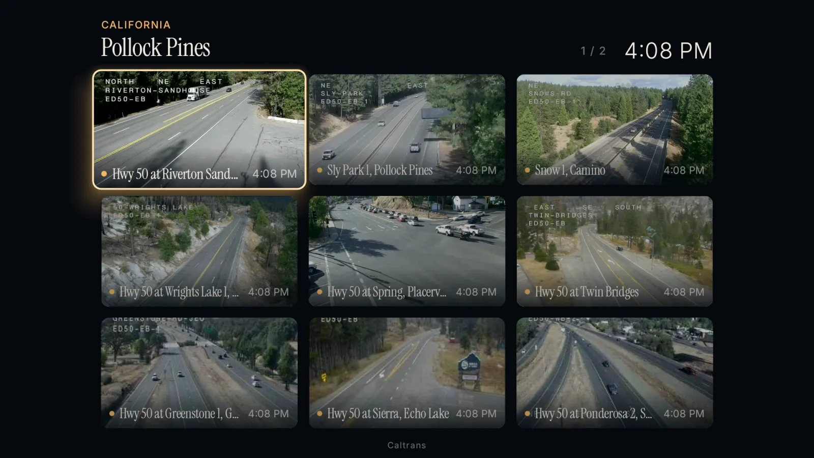 La mosaïque de Pollock Pines : neuf caméras d’autoroute de l’US 50 en direct, la tuile sélectionnée encadrée