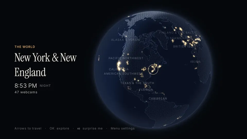 Lukarne's globe at night, lights where the webcams are, the New York and New England region selected.