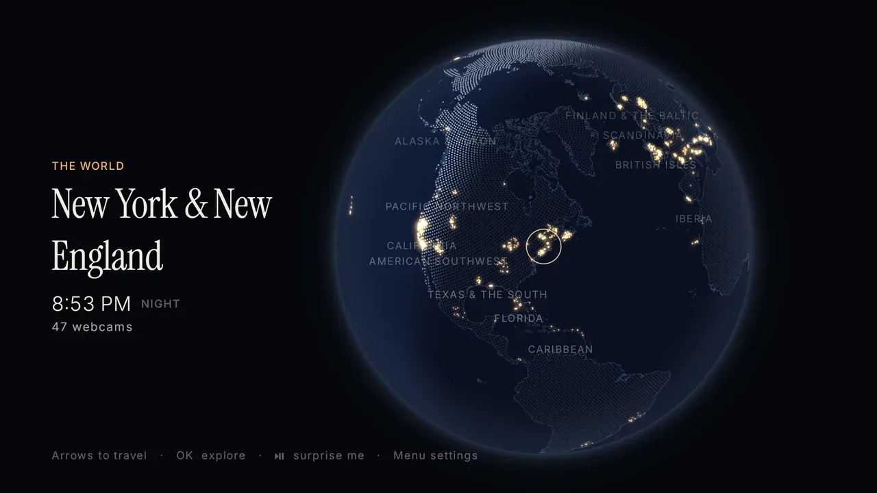 Lukarne's globe at night, lights where the webcams are, the New York and New England region selected.