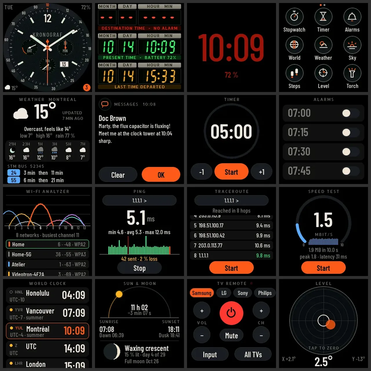 Kronograf's screens: watch faces, launcher, weather, a notification, the network toolbox, world clock, sun and moon.