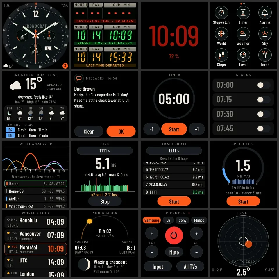 Kronograf's screens: watch faces, launcher, weather, a notification, the network toolbox, world clock, sun and moon.